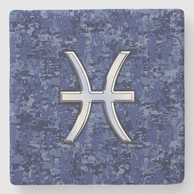 Modern Pisces Zodiac Sign Navy Blue Digital Camo Stone Coaster (Front)