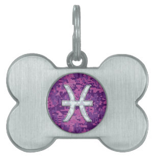 Modern Pisces Zodiac Sign on Fuchsia Digital Camo Pet Tag