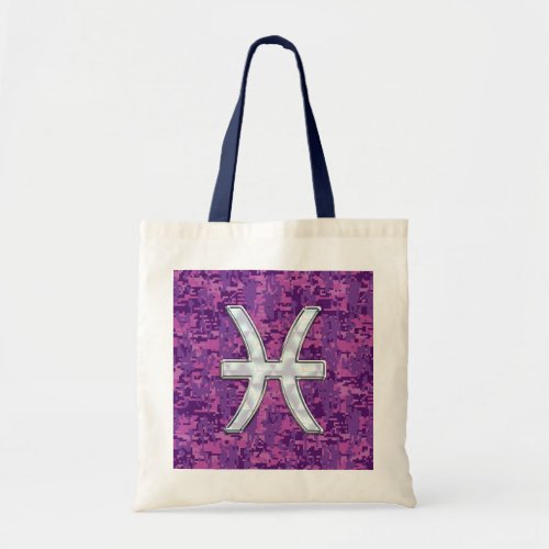 Modern Pisces Zodiac Sign on Fuchsia Digital Camo Tote Bag