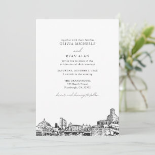 Modern Pittsburgh Skyline Black & White Wedding Invitation