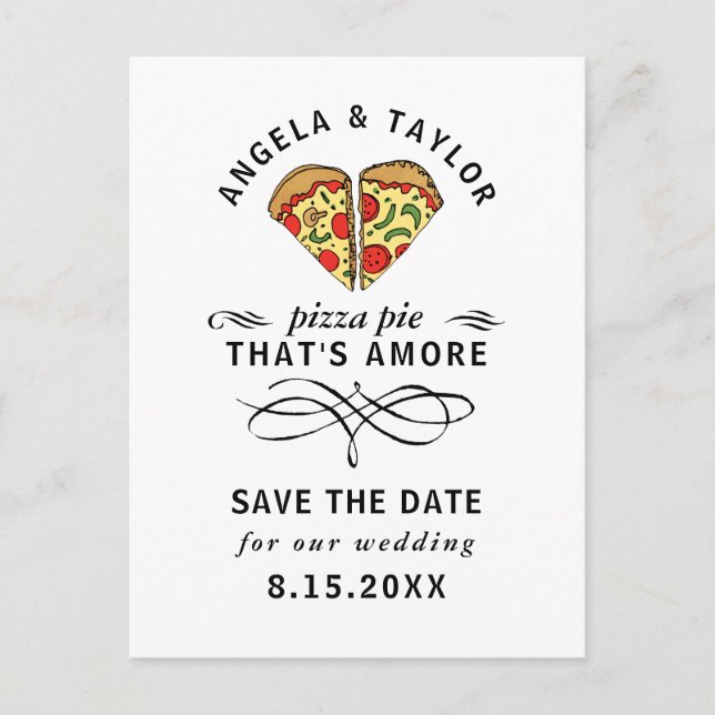 Modern Pizza Amore Black Typography Save the Date Postcard (Front)