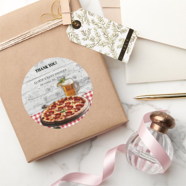 Modern Pizza +Beer Bricks Baby Shower Classic Round Sticker (Gifting)