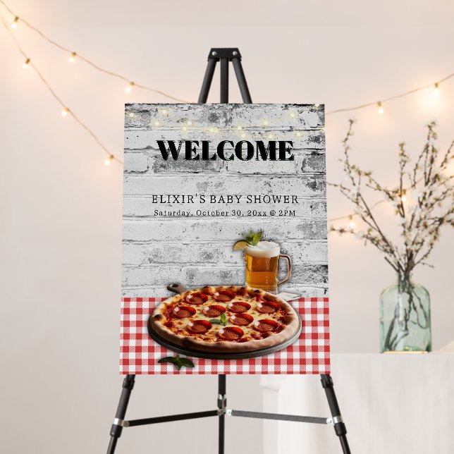 Modern Pizza +Beer Bricks Baby Shower Foam Board (In Situ (Stand))