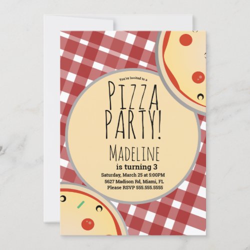 Modern Pizza Birthday Party Plaid Red Invitation