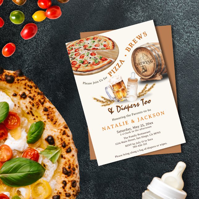 Modern Pizza Brews & Diapers Couples Baby Shower Invitation (Modern Pizza Brews & Diapers Couples Baby Shower Invitation)