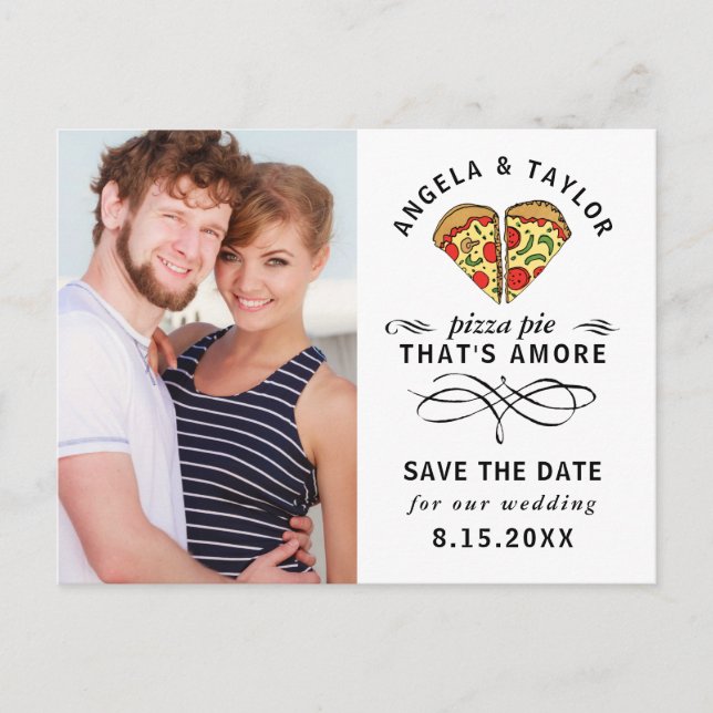 Modern Pizza Love Black Script Photo Save the Date Postcard (Front)