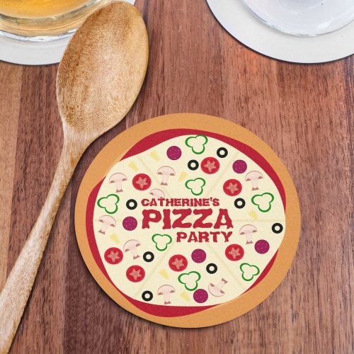 Modern Pizza Party Kids Birthday  Round Paper Coaster