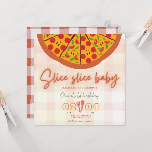 Modern pizza theme photo first birthday invitation