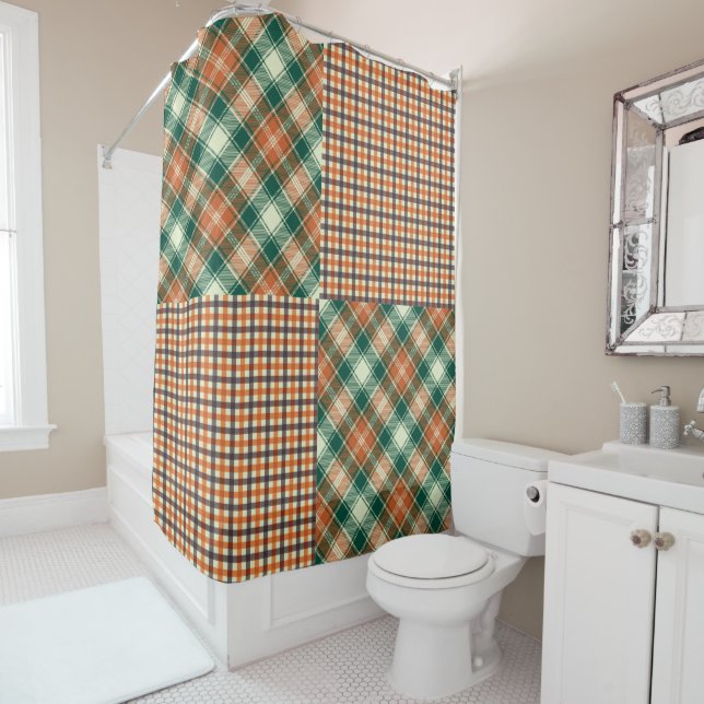 Modern Plaid and Checked Orange Shower Curtain (In Situ)