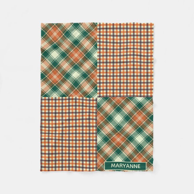 Modern Plaid and Checked Pattern Green Orange Fleece Blanket (Front)
