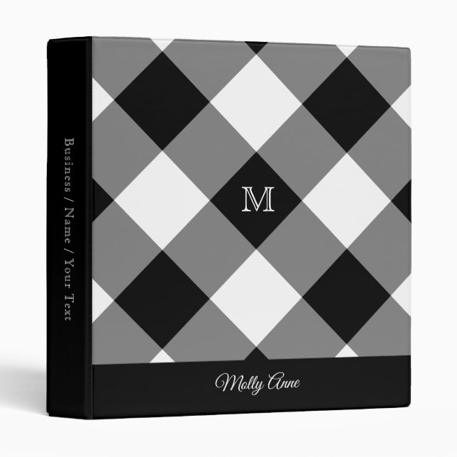 Modern Plaid Black White Monogram Office School 3 Ring Binder (Front/Spine)