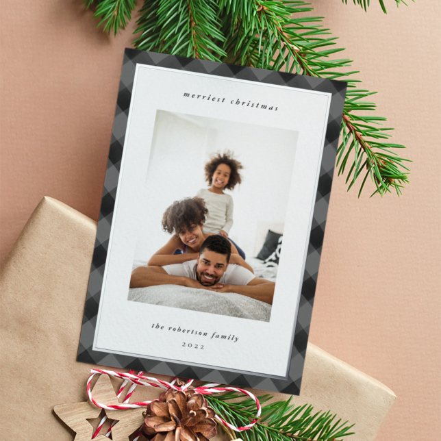 Modern Plaid Border Christmas Photo Foil Holiday Card (Creator Uploaded)