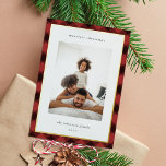 Modern Plaid Border Christmas Photo Foil Holiday Card<br><div class="desc">Share holiday greetings with these photo Christmas cards featuring your favorite photo set on a hand drawn buffalo plaid pattern in red and black trimmed with gold foil. An editable message area lets you customize your holiday greeting in modern lettering. Add your family name or names beneath.</div>