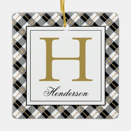 Modern Plaid Check Gold Accents Monogrammed Ceramic Ornament