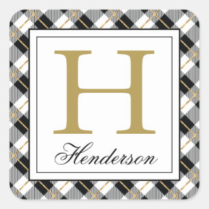 Modern Plaid Check Gold Accents, Monogrammed Square Sticker