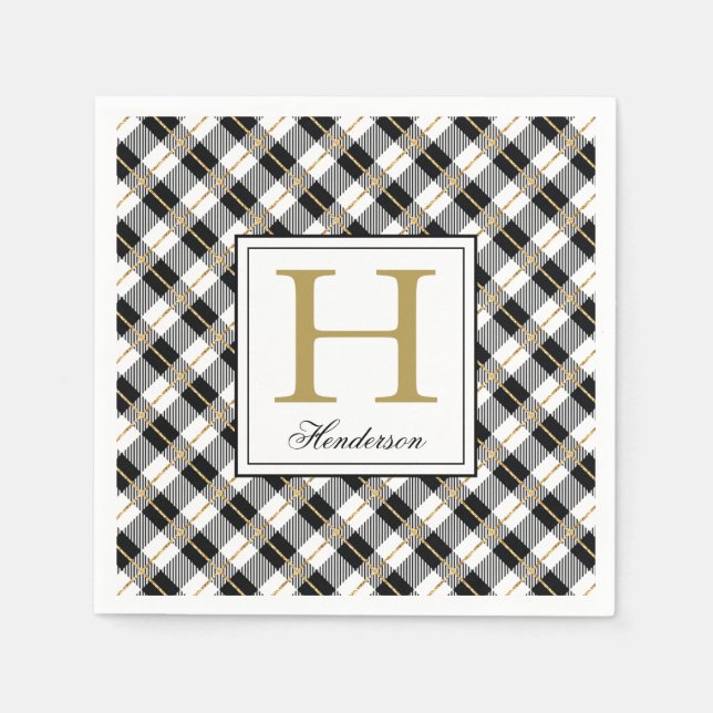 Modern Plaid Check with Gold Accents, Monogrammed Napkins (Front)