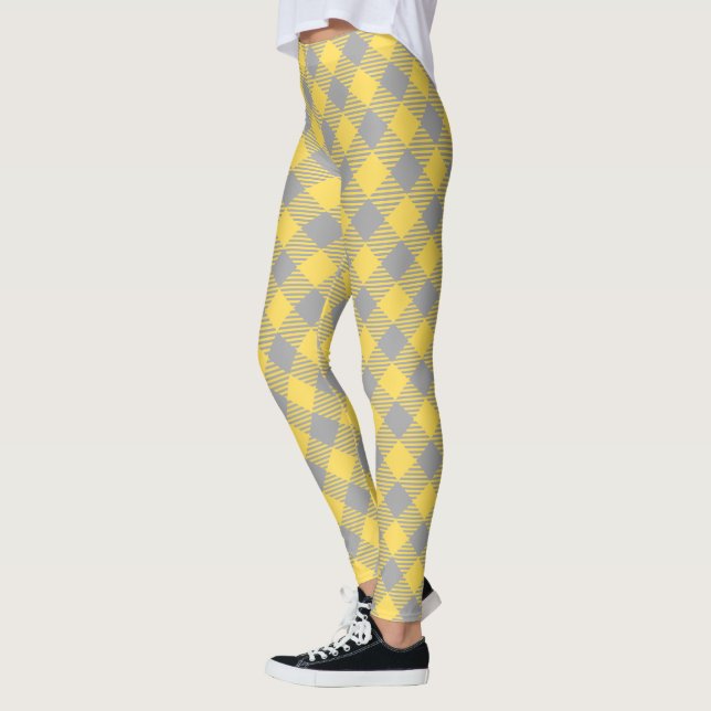 Modern Plaid Checked Yellow and Grey Leggings (Left)