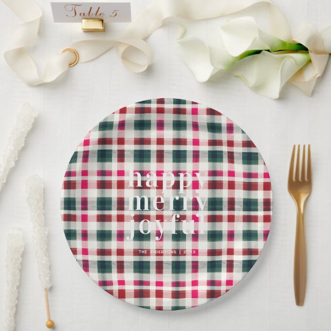 Modern Plaid Christmas | Happy Merry Joyful Paper Plates (Wedding)