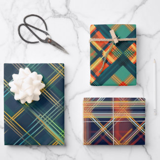 Modern Plaid Christmas Set of 3 Gift Wrapping Paper Sheets
