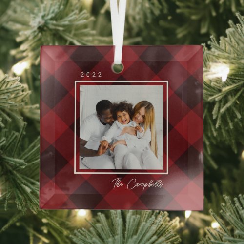 Modern Plaid Custom Photo Christmas Ornament