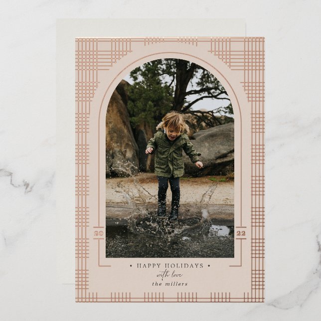 Modern Plaid Dusty Rose & Rose Gold Foil Holiday Card (Front/Back)
