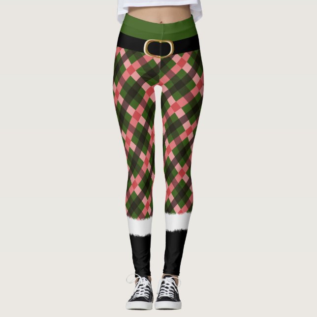Modern Plaid Elf Santa Costume Cute Fun Christmas Leggings (Front)
