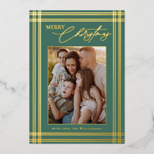 Modern Plaid Frame Elegant Calligraphy Christmas Foil Holiday Card