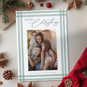 Modern Plaid Frame Elegant Calligraphy Christmas Letterpress Photo Cards