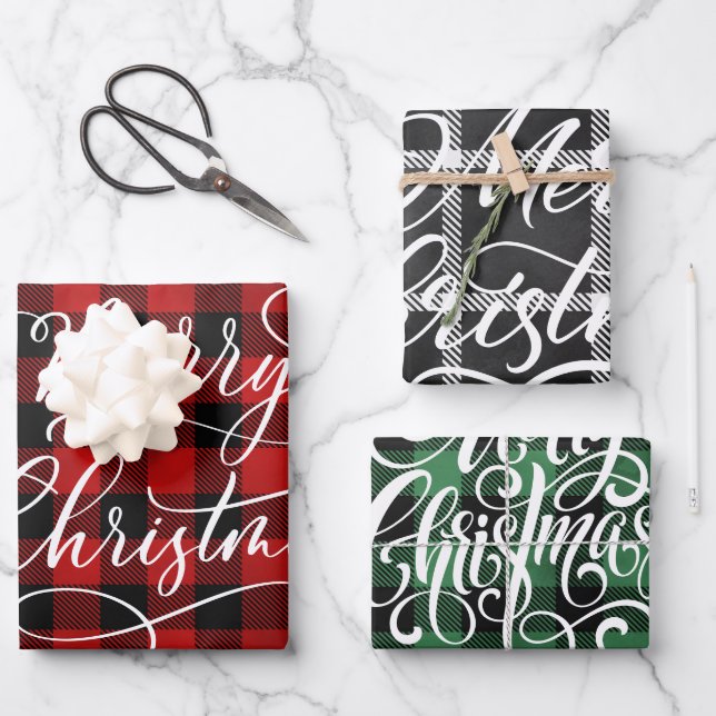 Modern Plaid Gingham Merry Christmas Holiday Wrapping Paper Sheets (Front)