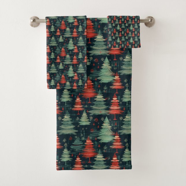 Modern Plaid Holiday christmas trees Bath Towel Set (Insitu)