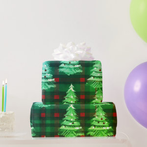 Modern Plaid Holiday neo christmas trees Wrapping Paper
