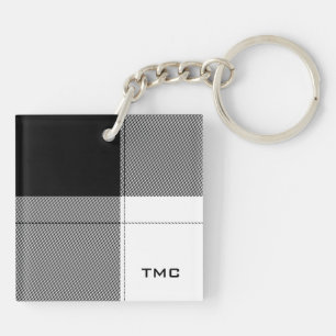 Modern Plaid INITIALS Black White Preppy Chic Keychain