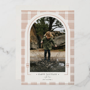 Modern Plaid Ivory Rose Gold Foil Holiday Card