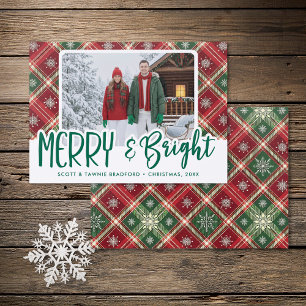 Modern Plaid Merry & Bright Christmas Letterpress Photo Cards