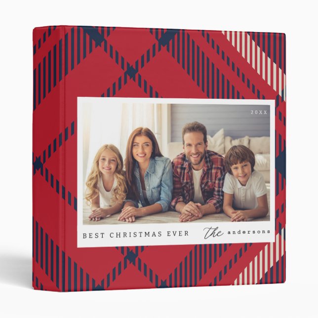 Modern Plaid Merry Christmas Custom Family Photo 3 Ring Binder (Front/Spine)