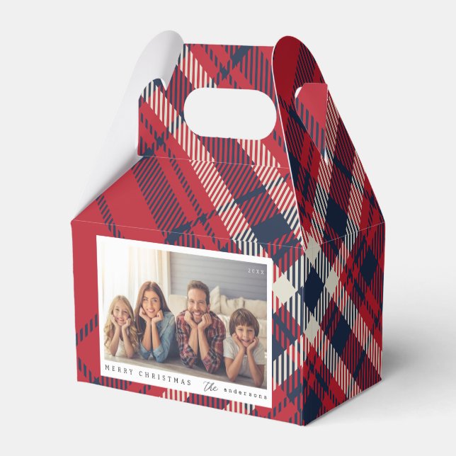 Modern Plaid Merry Christmas Custom Family Photo Favor Boxes (Back Side)