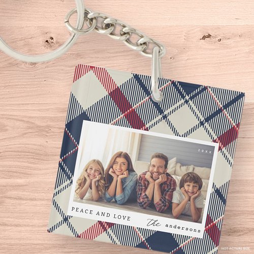 Modern Plaid Merry Christmas Custom Family Photo Keychain