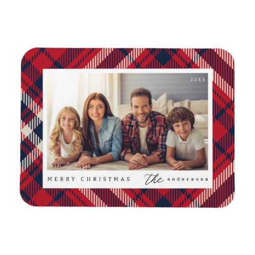 Modern Plaid Merry Christmas Custom Family Photo Magnet