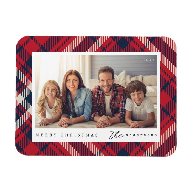 Modern Plaid Merry Christmas Custom Family Photo Magnet (Horizontal)