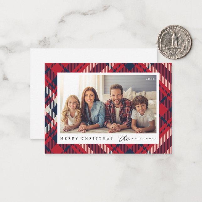 Modern Plaid Merry Christmas Custom Family Photo Note Card (Front/Back In Situ)