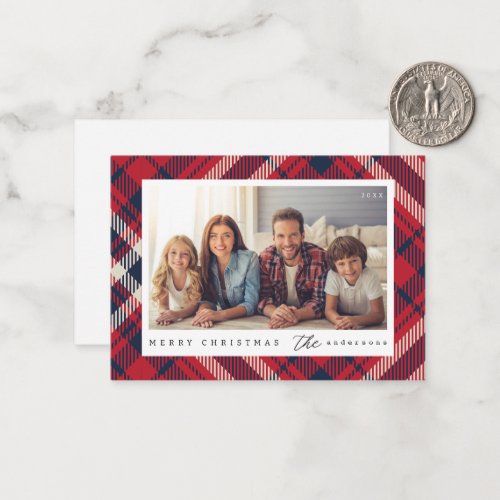 Modern Plaid Merry Christmas Custom Family Photo Note Card