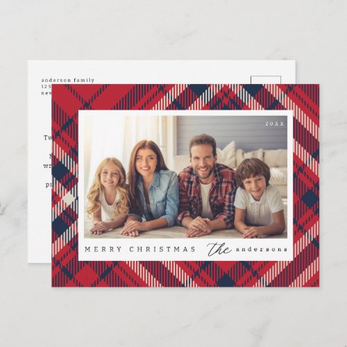 Modern Plaid Merry Christmas Custom Family Photo Postcard