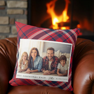 Modern Plaid Merry Christmas Custom Family Photo Throw Pillow