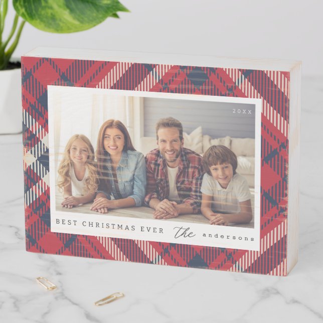 Modern Plaid Merry Christmas Custom Family Photo Wooden Box Sign (In Situ Horizontal)