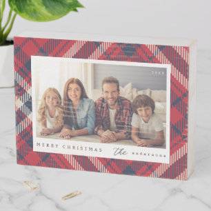 Modern Plaid Merry Christmas Custom Family Photo Wooden Box Sign