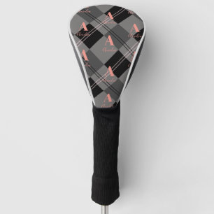 Modern Plaid Monogram Gray Black Pink Golf Head Cover