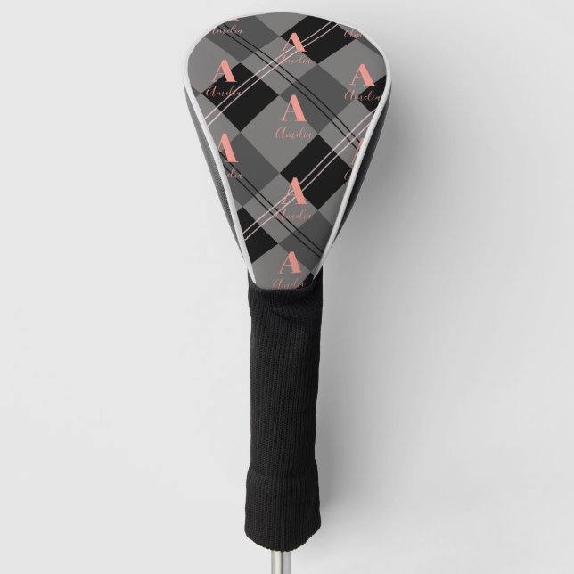 Modern Plaid Monogram Gray Black Pink Golf Head Cover (Front)