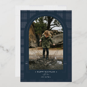 Modern Plaid Navy & Silver Foil Holiday Card