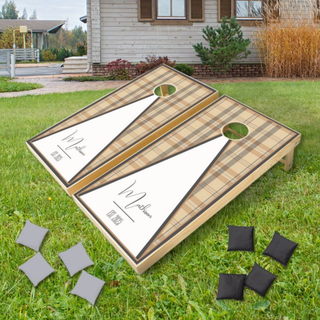Modern Plaid Parchment Triangle Cornhole Set (Creator Uploaded)