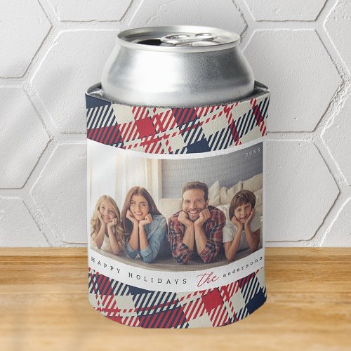 Modern Plaid Pattern Christmas Custom Family Photo Can Cooler
